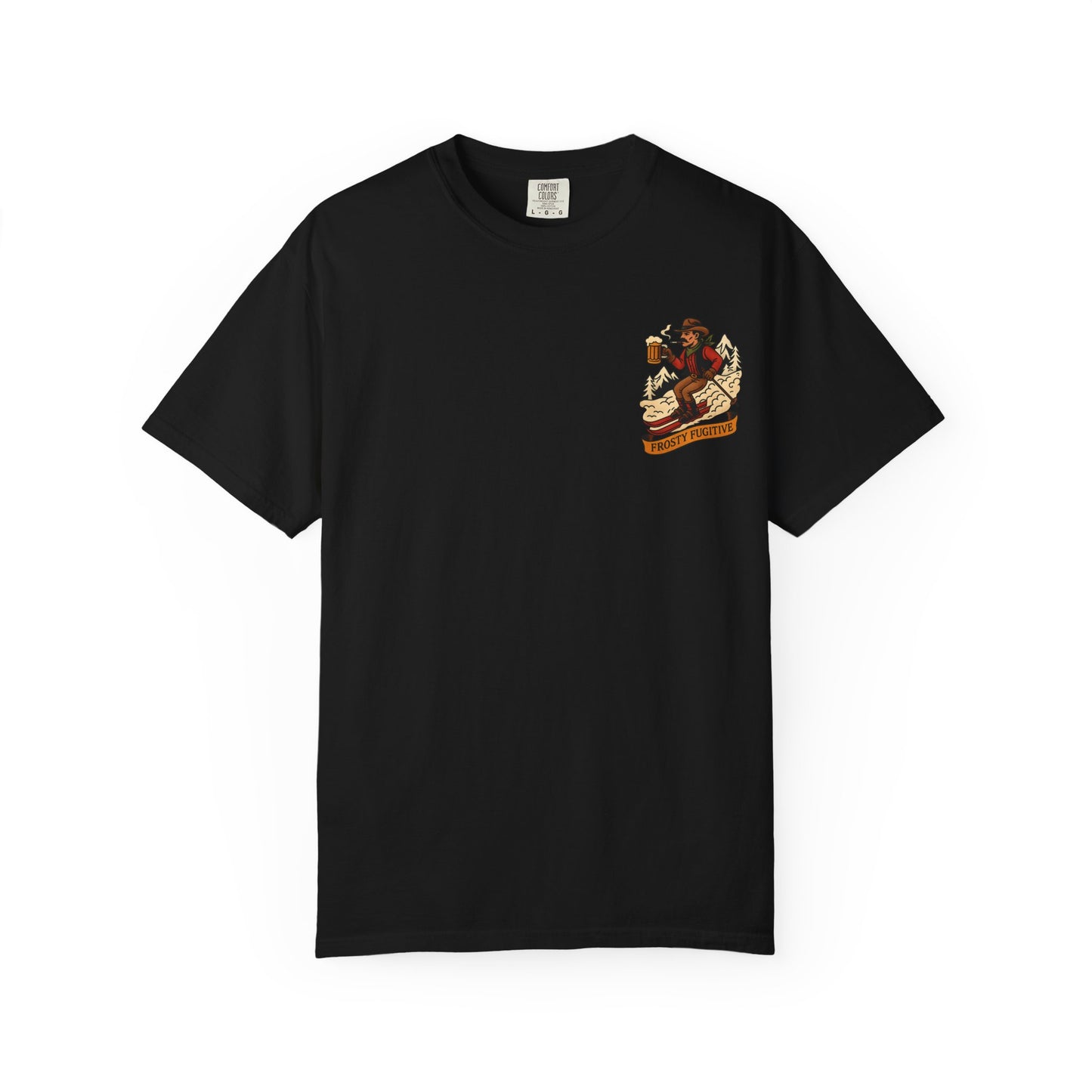 Front of back tee with small vintage ski outlaw holding a beer and a "Frosty Fugitive" banner printed on left chest