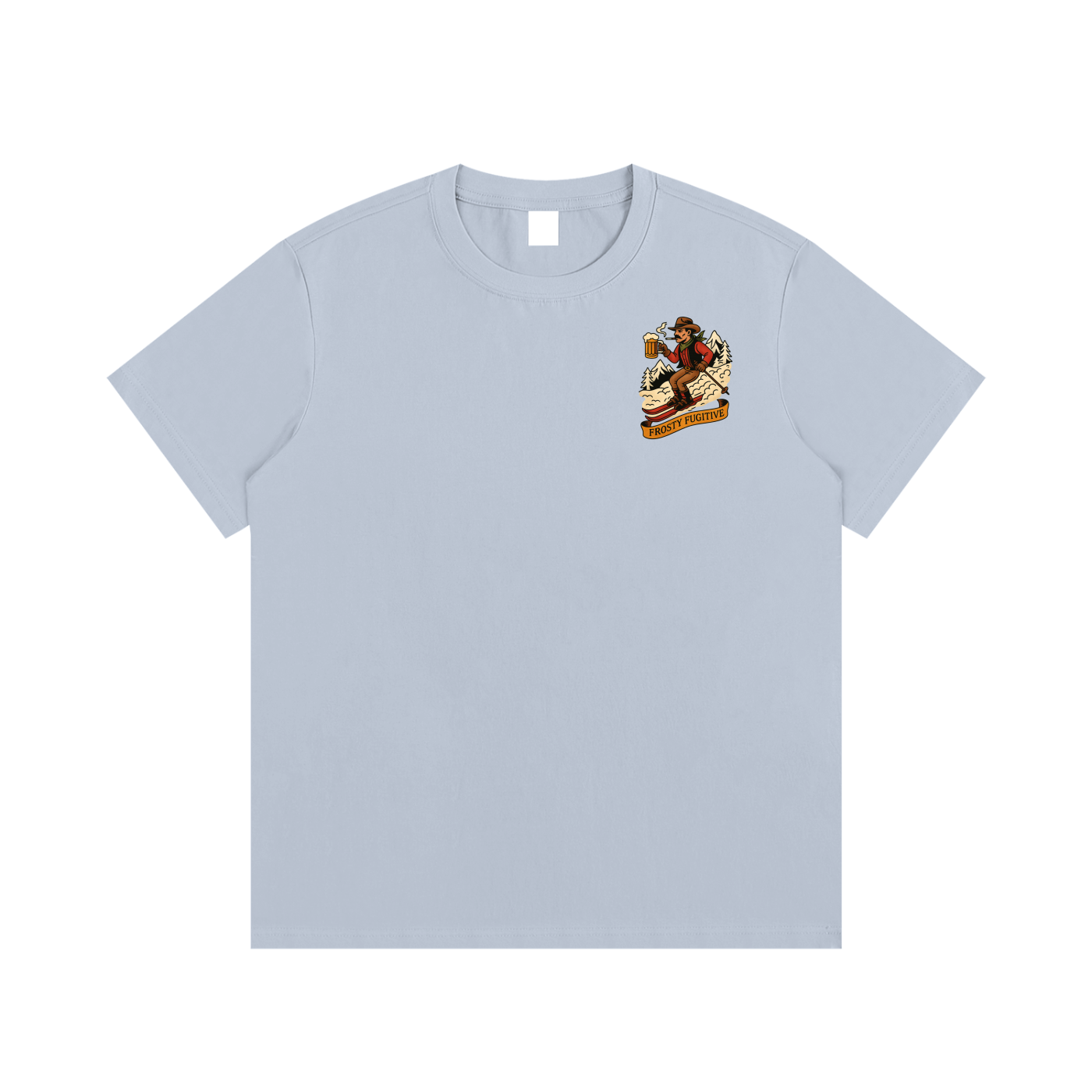 Front view of Frosty Fugitive tee in Blue Bird with small outlaw skier Daffy Don holding a beer.