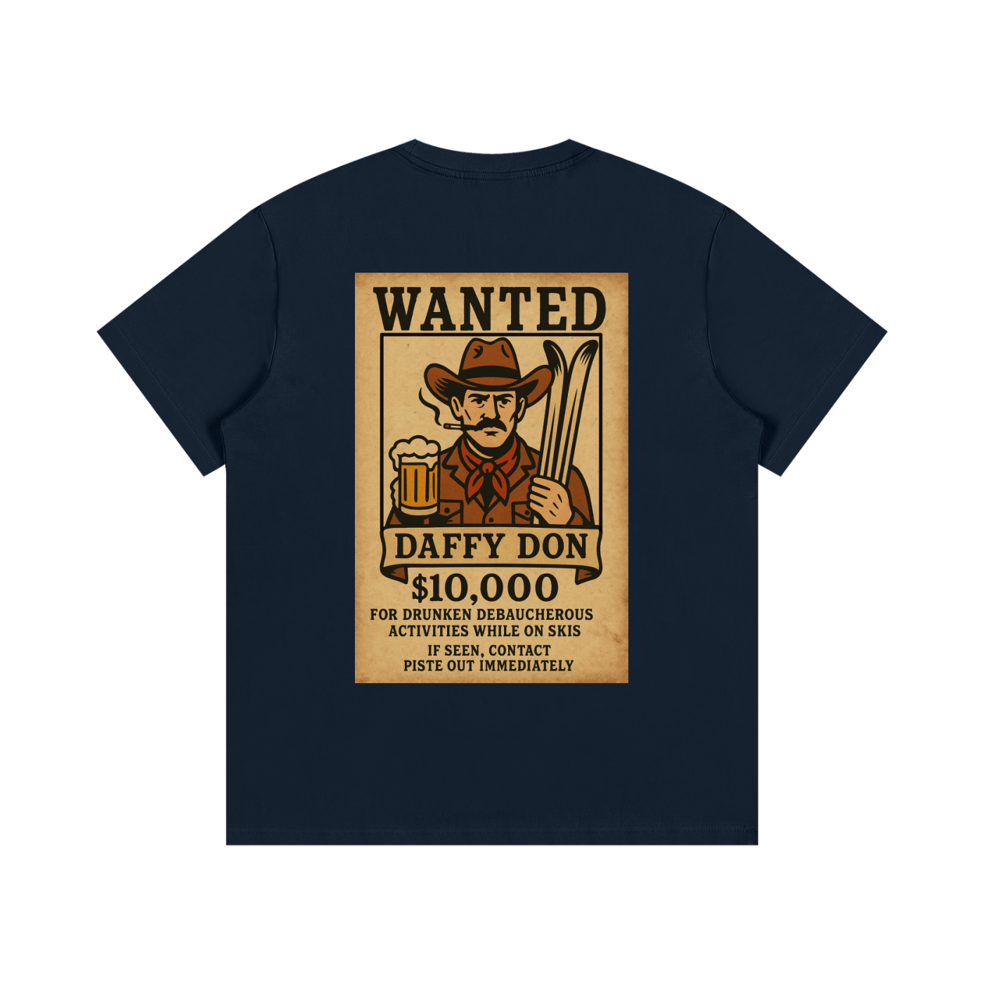 Back view of Frosty Fugitive tee in Blue Square with full wanted poster graphic featuring Daffy Don’s reward notice.