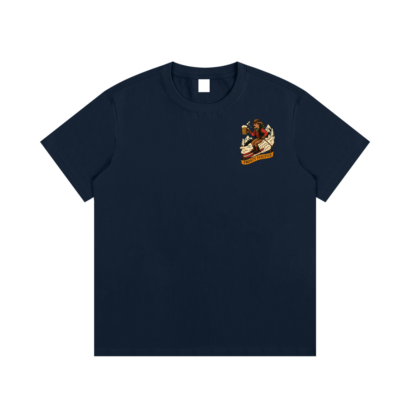 Front view of Frosty Fugitive tee in Blue Square color showing small Daffy Don ski outlaw chest artwork.