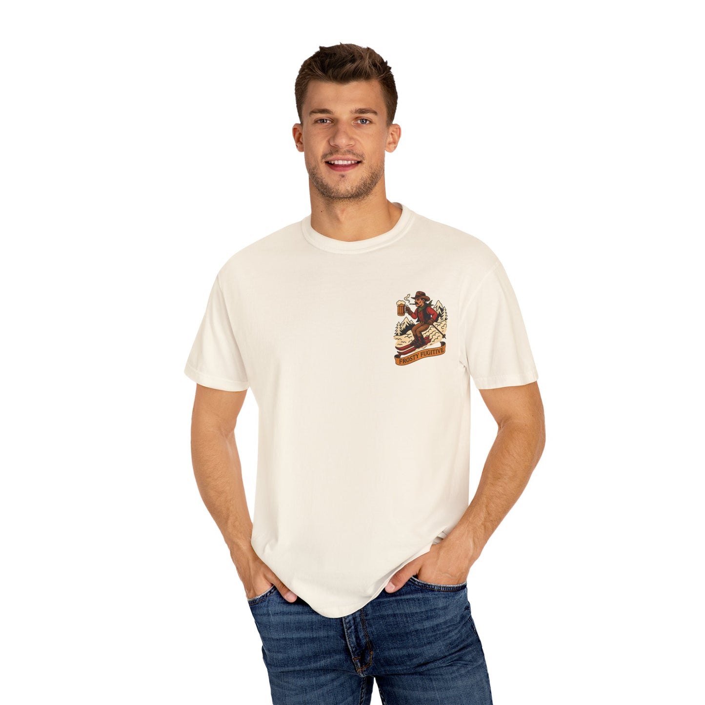 Model wearing cream tee, front view with ski outlaw chest print