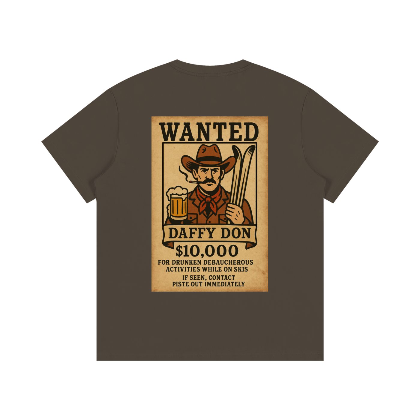 Back view of Frosty Fugitive tee in Espresso featuring wanted poster design with Daffy Don, beer mug, and skis.