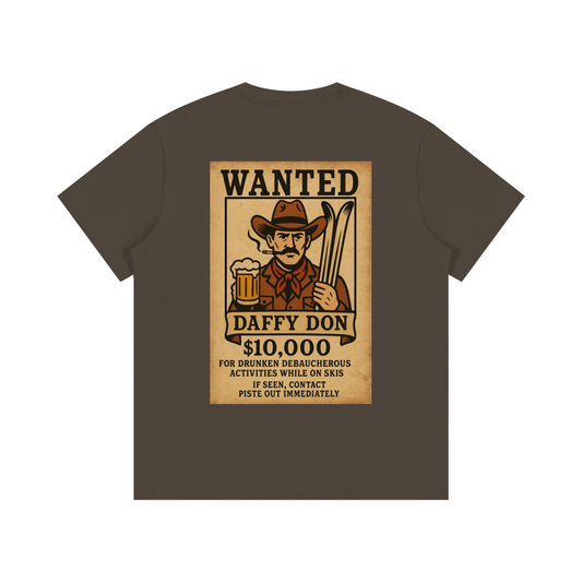 Back view of Frosty Fugitive tee in Espresso featuring wanted poster design with Daffy Don, beer mug, and skis.
