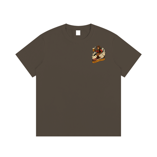 Front view of Frosty Fugitive tee in Espresso brown with small outlaw Daffy Don chest print.