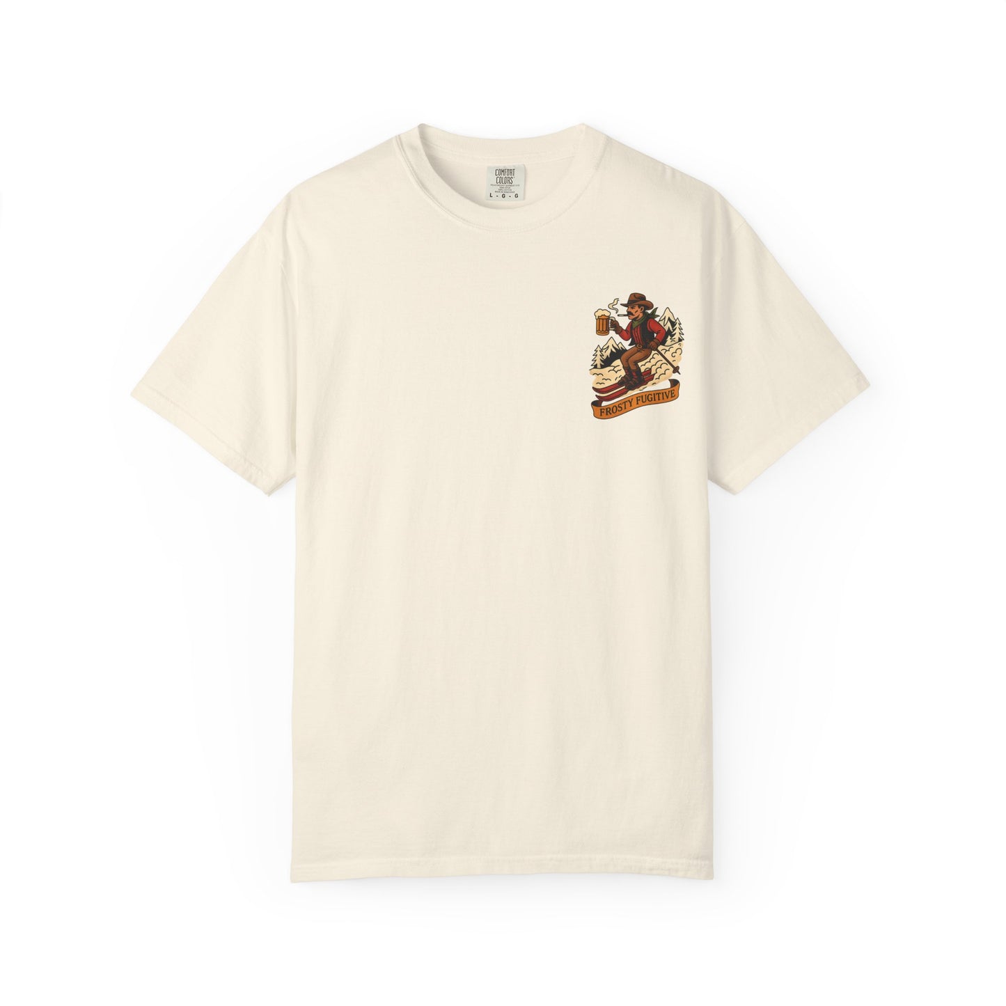 Front of cream tee with small vintage ski outlaw holding a beer and a "Frosty Fugitive" banner printed on left chest