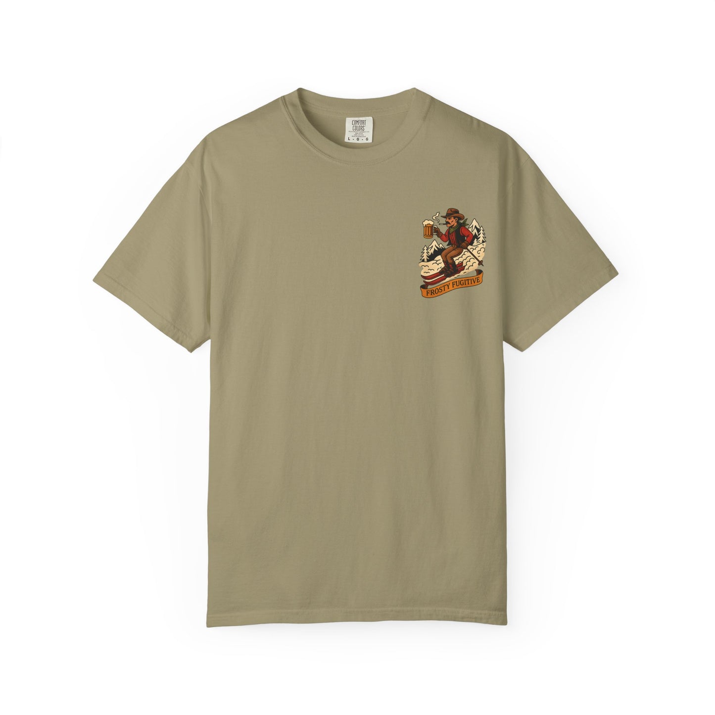 Front of khaki tee with small vintage ski outlaw holding a beer and a "Frosty Fugitive" banner printed on left chest