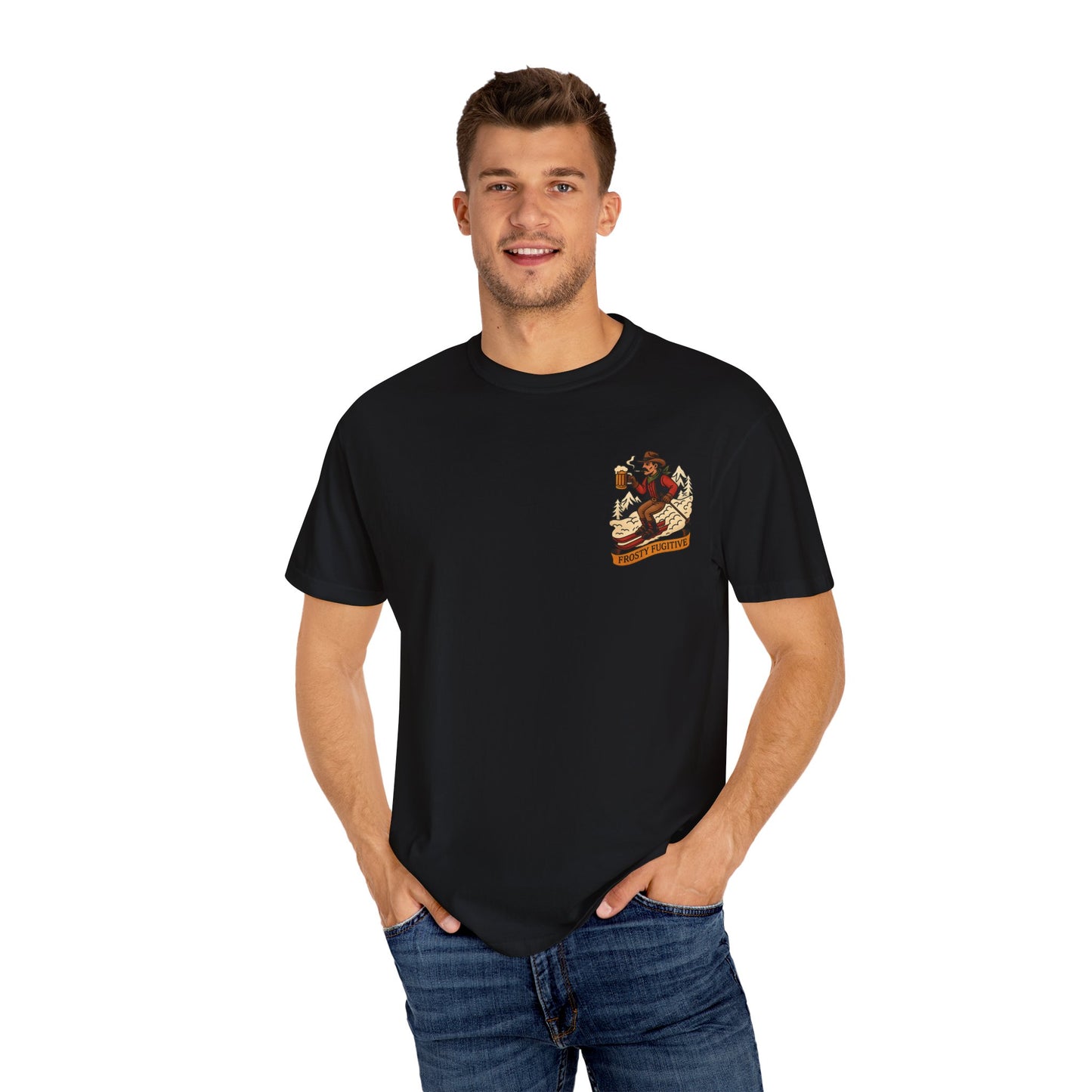 Model wearing back tee, front view with ski outlaw chest print