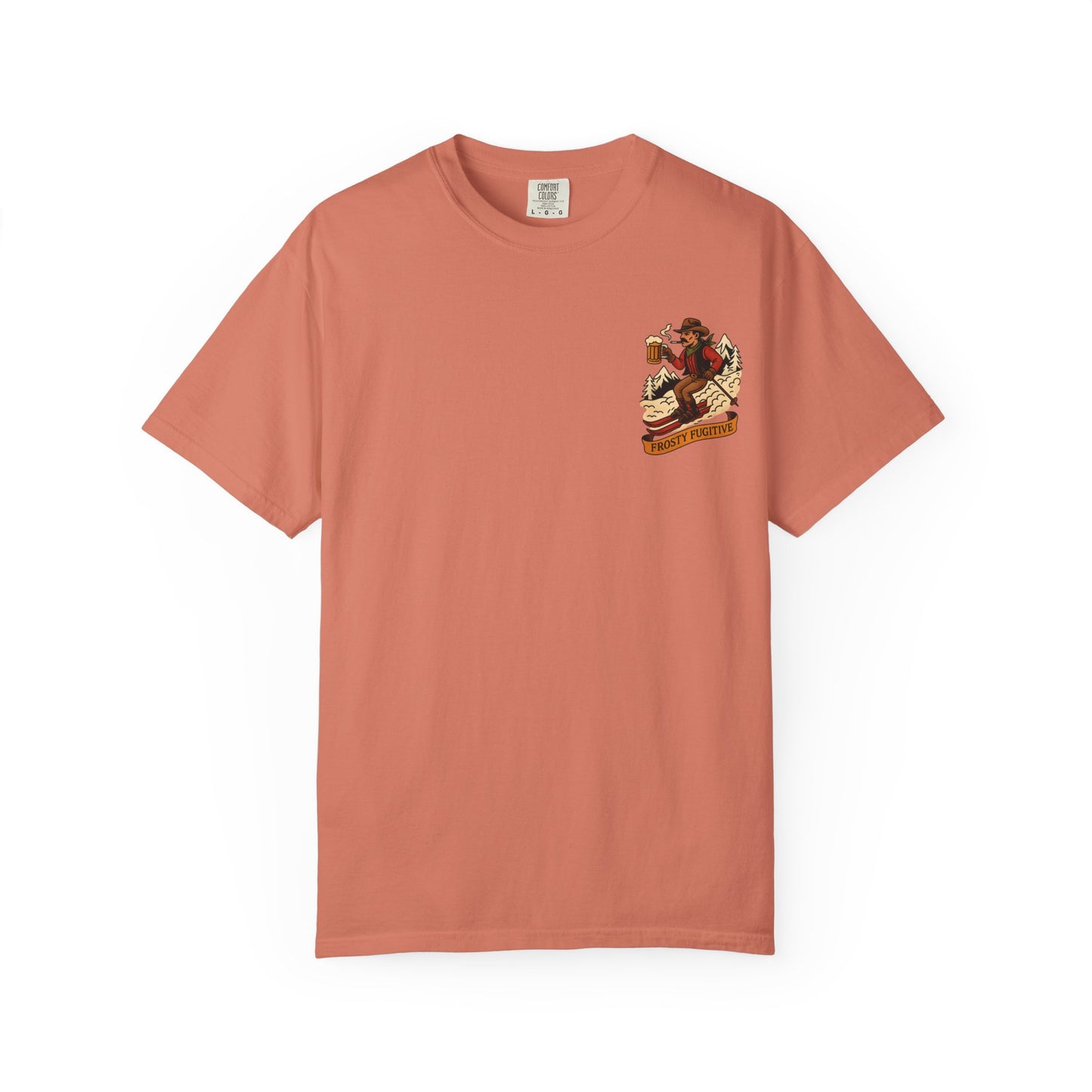 Front of faded red tee with small vintage ski outlaw holding a beer and a "Frosty Fugitive" banner printed on left chest