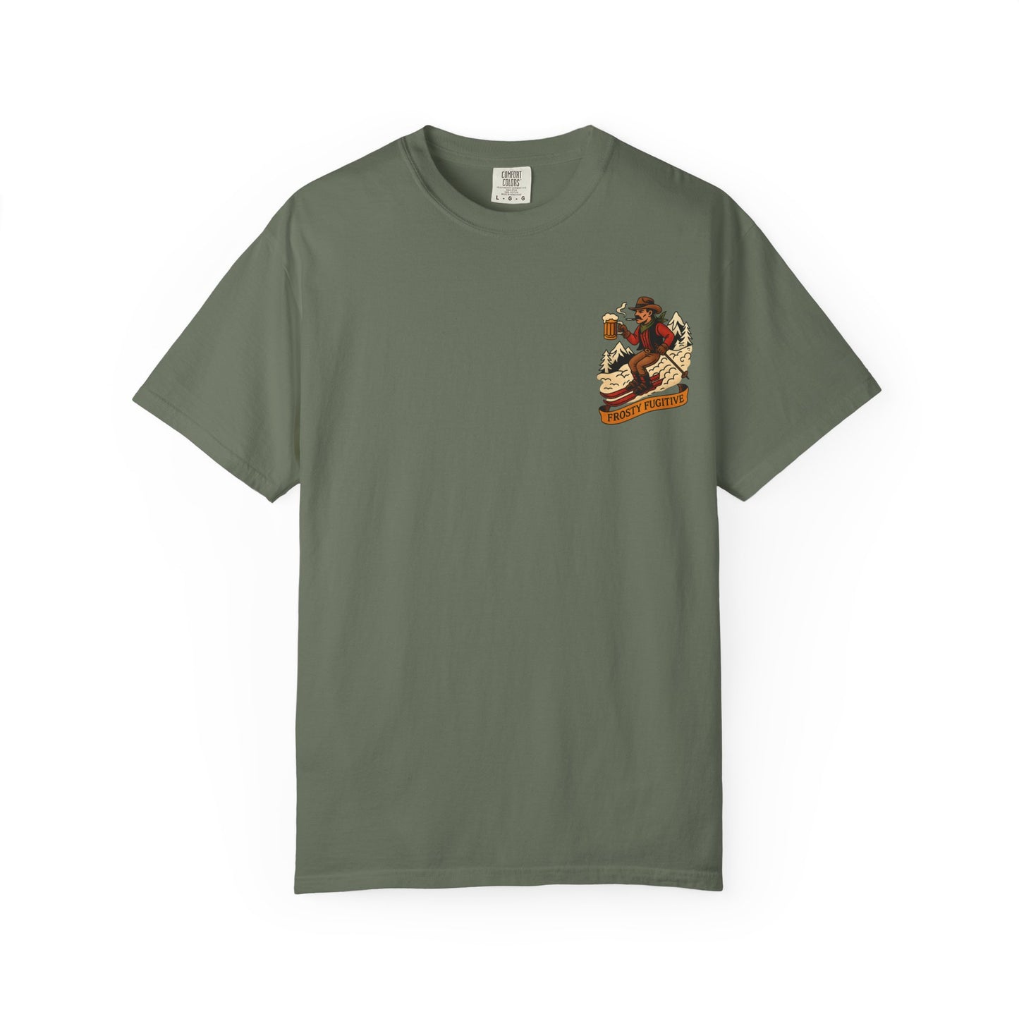 Front of green tee with small vintage ski outlaw holding a beer and a "Frosty Fugitive" banner printed on left chest