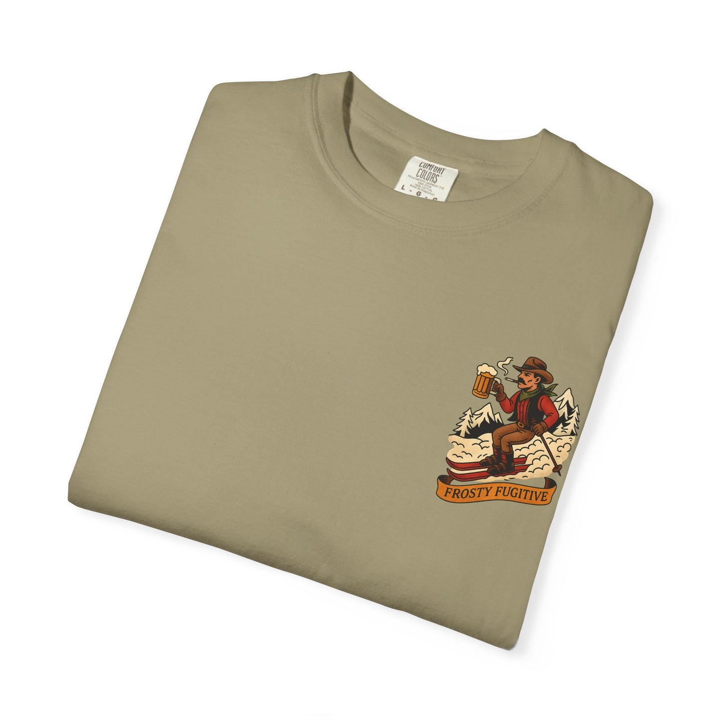 Khaki tee folded flat showing front chest graphic of ski outlaw with beer and "Frosty Fugitive" banner