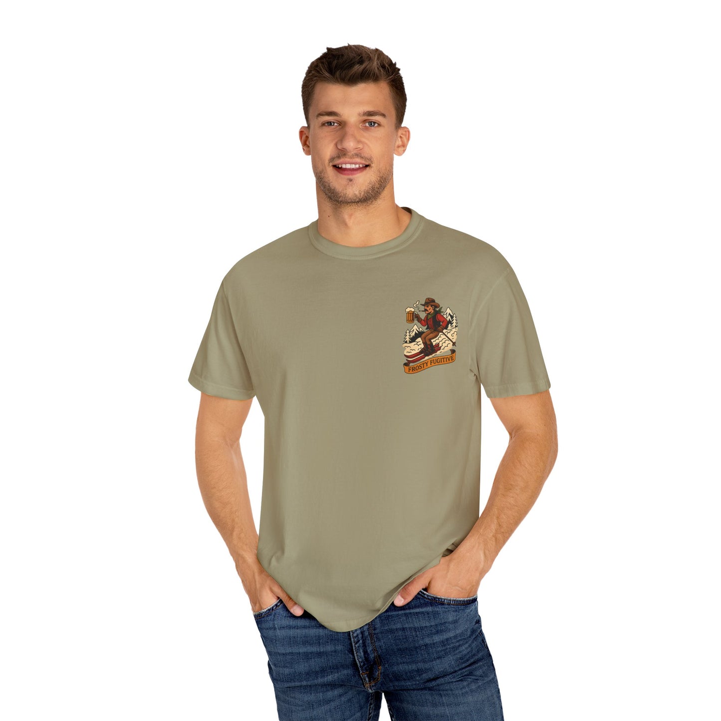 Model wearing khaki, front view with ski outlaw chest print