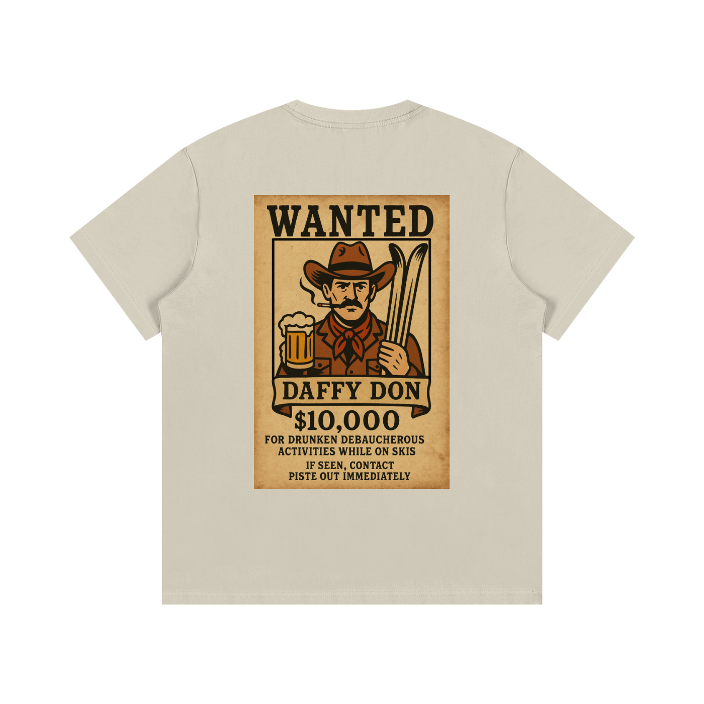 Back view of Frosty Fugitive tee in Khaki with large western-style wanted poster print of Daffy Don holding skis and beer.