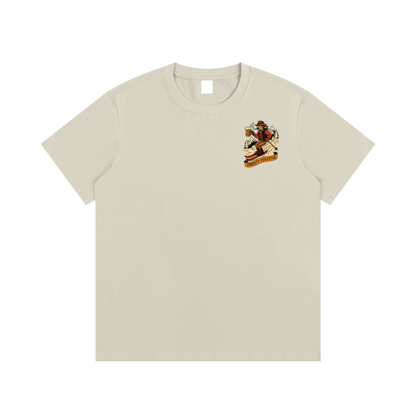 Front view of Frosty Fugitive tee in Khaki featuring vintage ski outlaw Daffy Don chest logo.