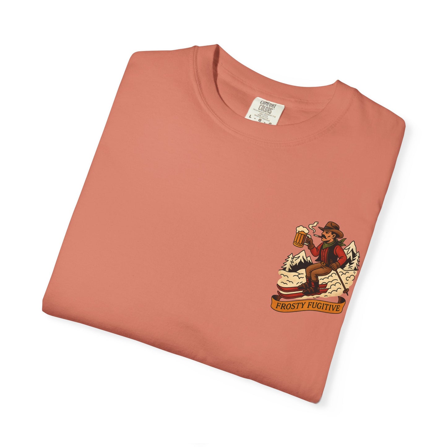 Faded red tee folded flat showing front chest graphic of ski outlaw with beer and "Frosty Fugitive" banner