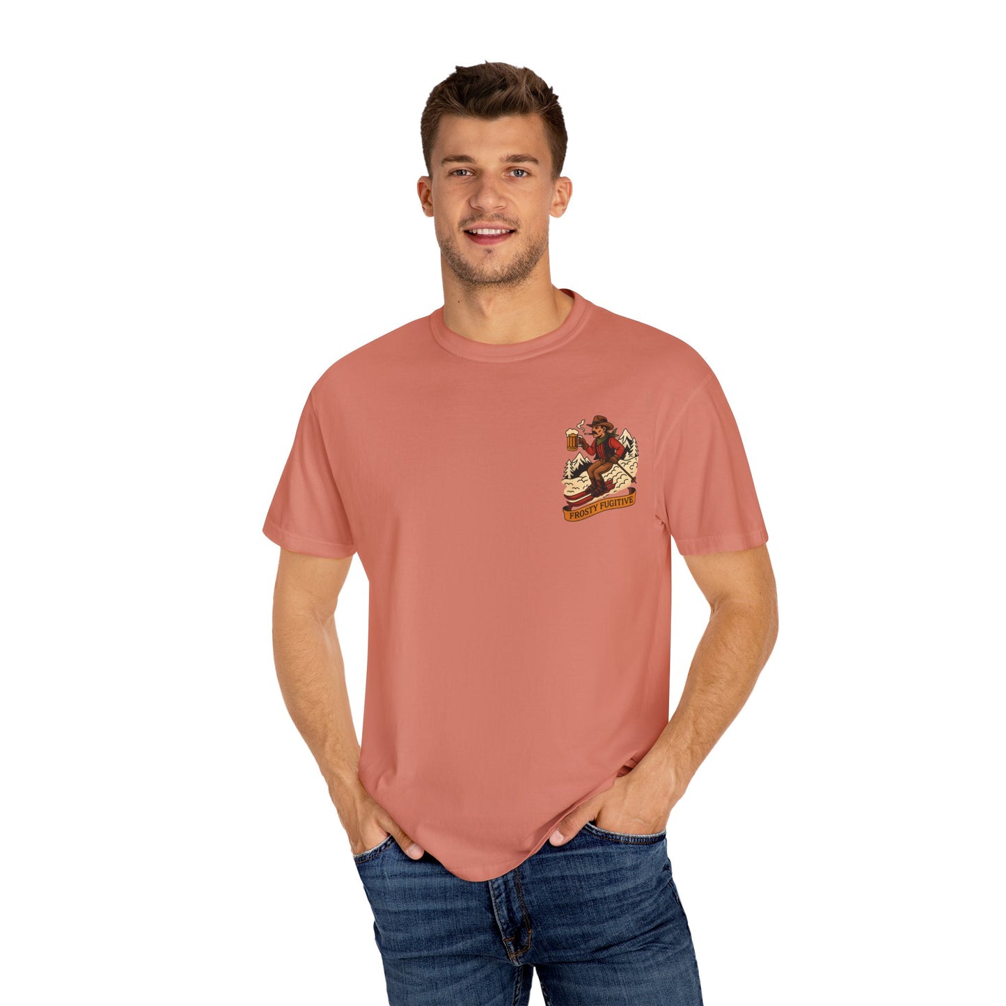 Model wearing faded red tee, front view with ski outlaw chest print