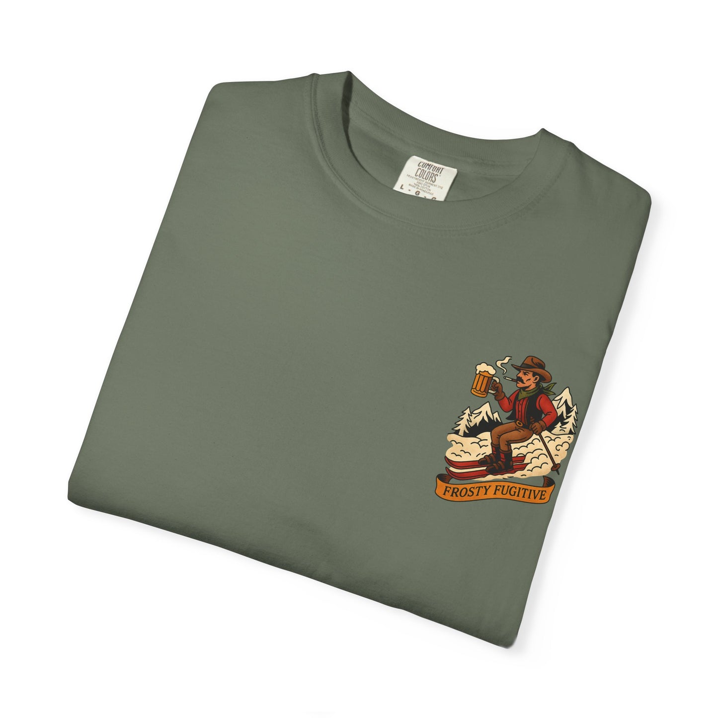 Green tee folded flat showing front chest graphic of ski outlaw with beer and "Frosty Fugitive" banner