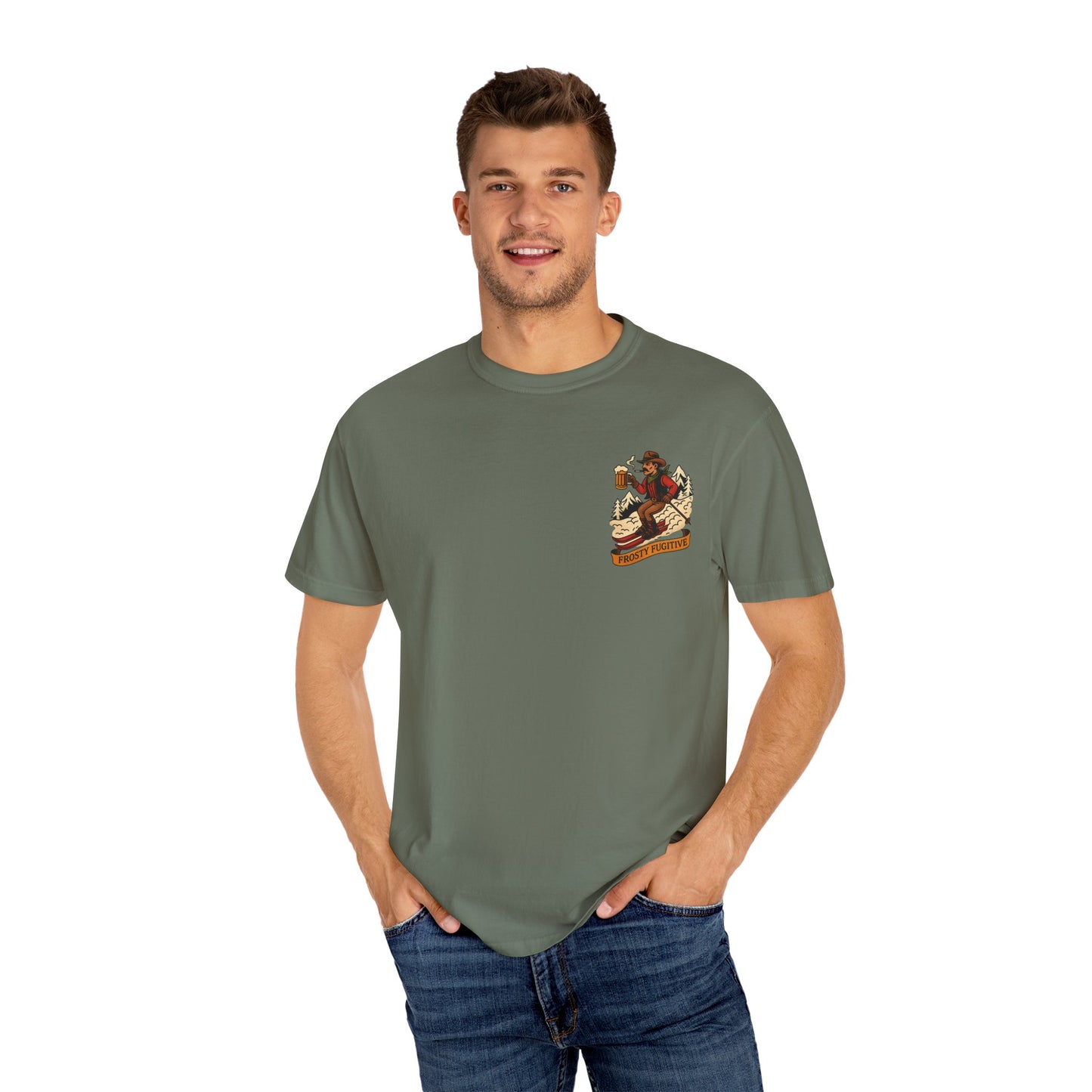 Model wearing green tee, front view with ski outlaw chest print