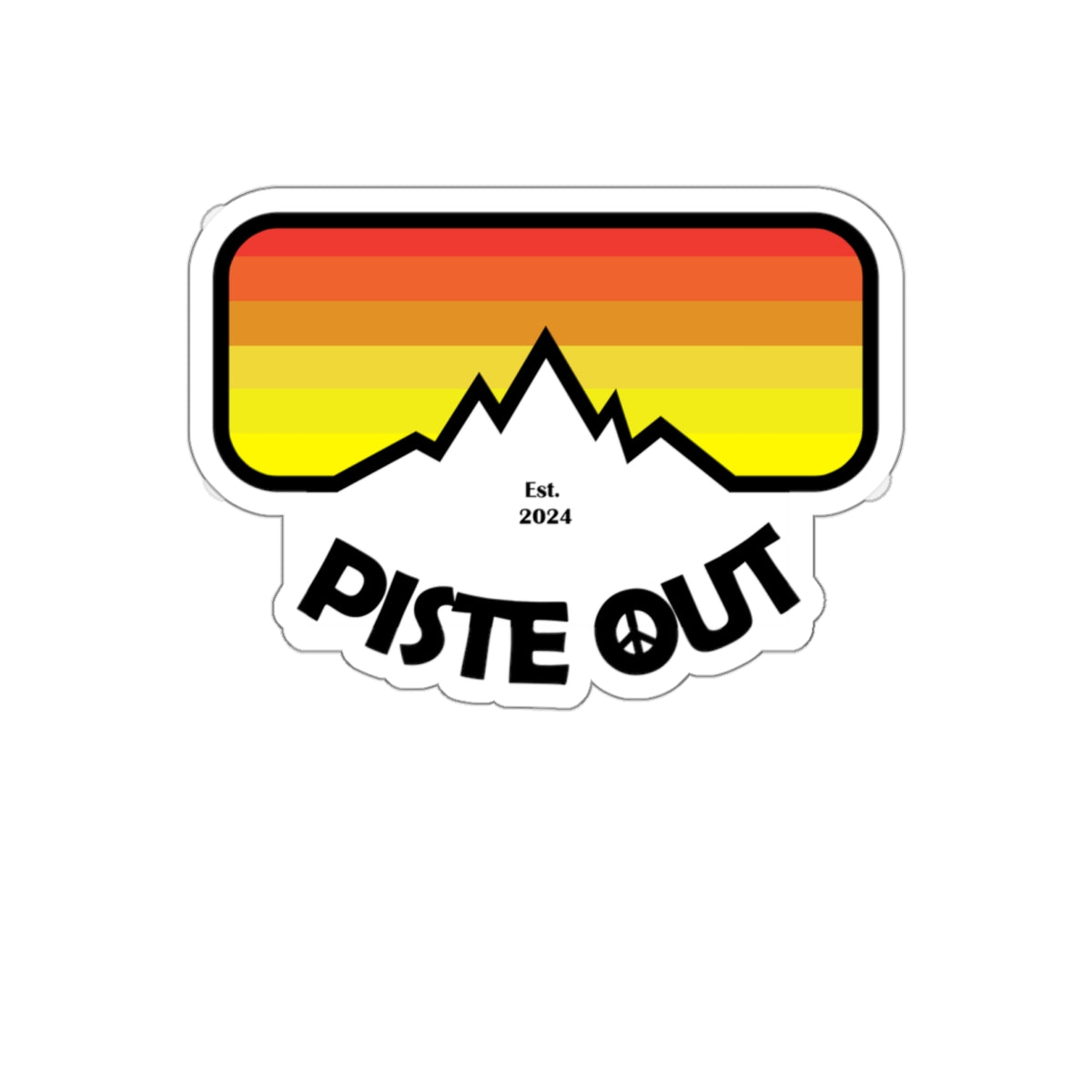 Retro ski goggle sticker with red-orange-yellow gradient lens, black mountain silhouette, and bold “PISTE OUT” text with peace sign ‘O’