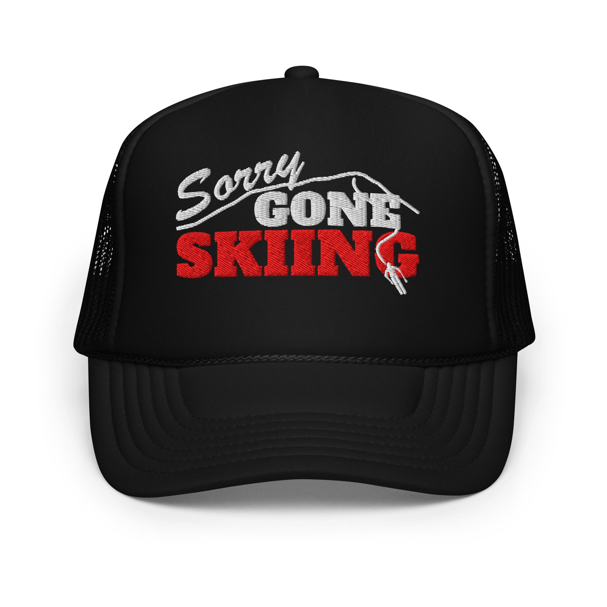 Gone Skiing Trucker Hat in Black Diamond with red and white embroidery, front view