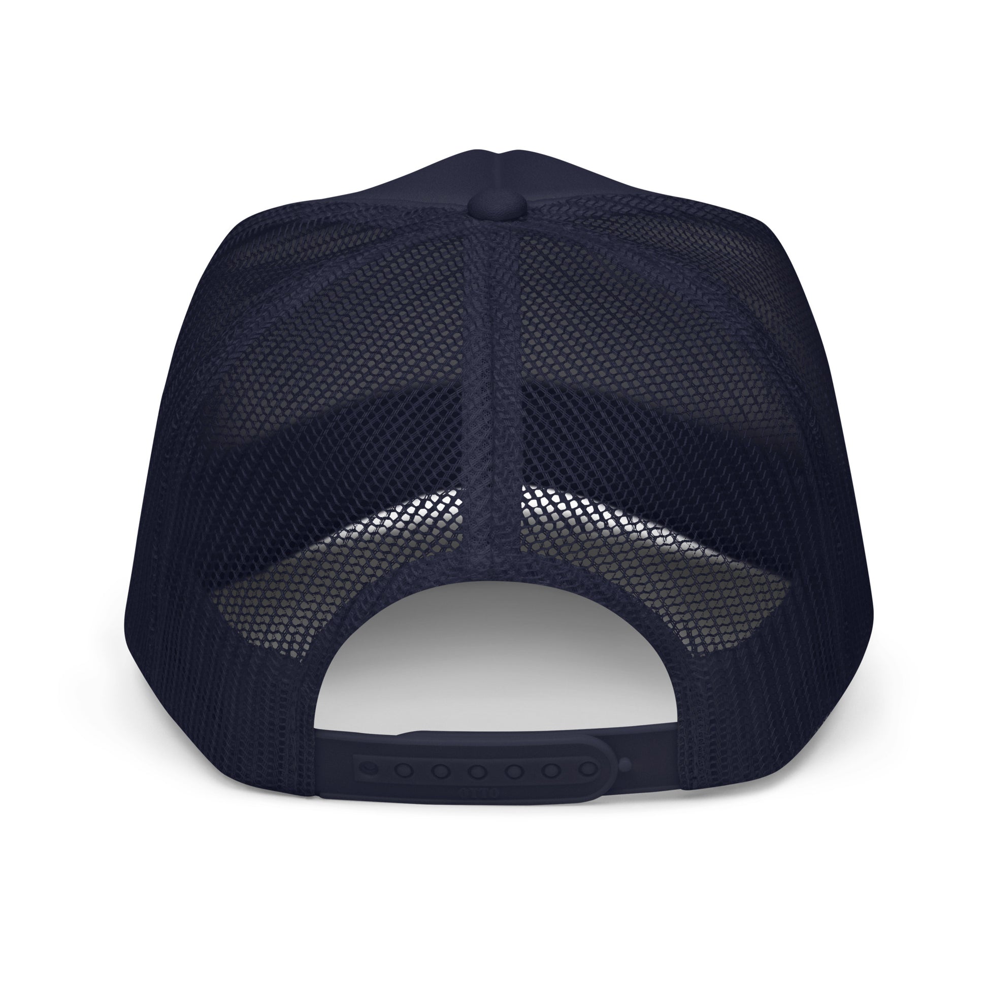 Gone Skiing Trucker Hat in Blue Square, back view showing mesh trucker panel and snapback closure