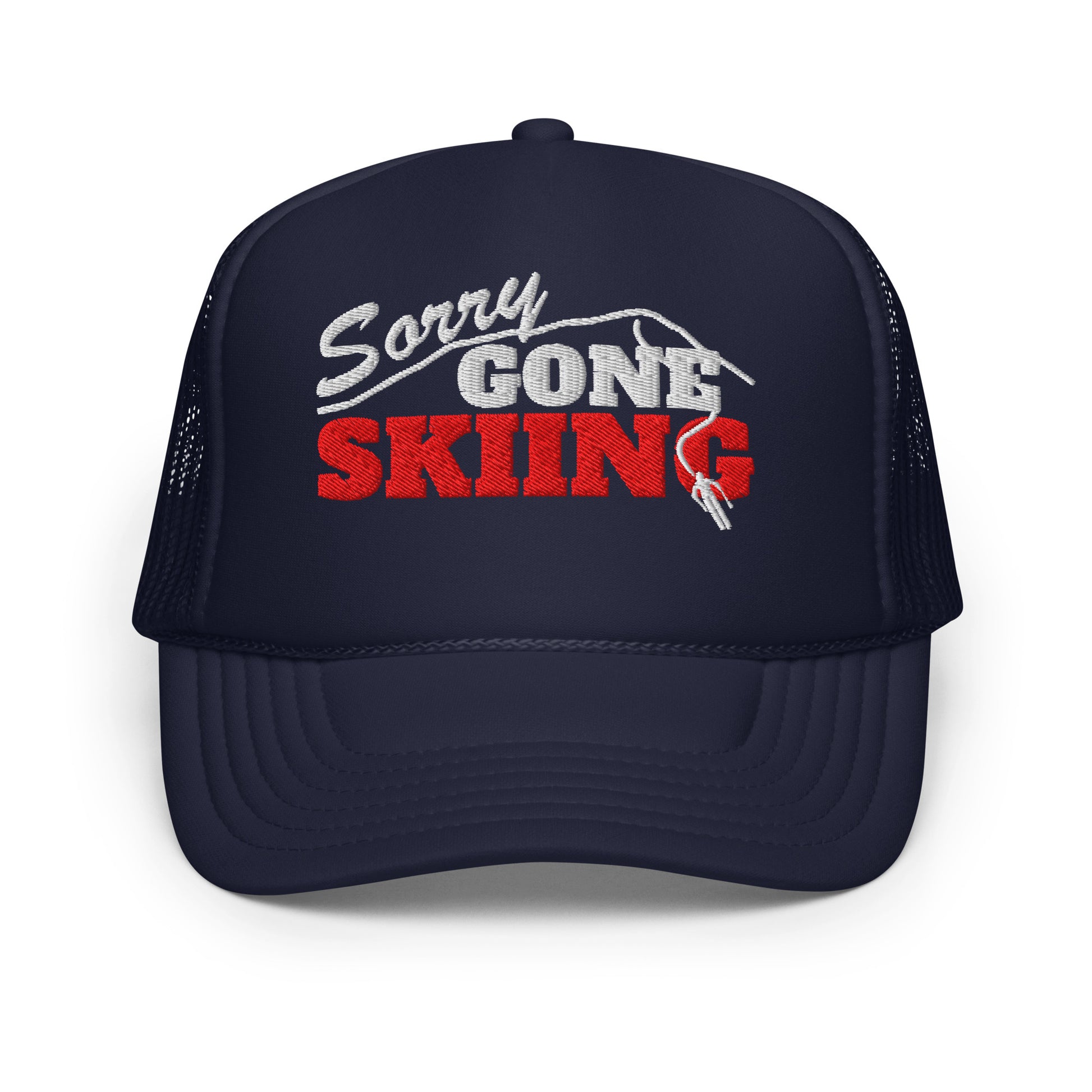 Gone Skiing Trucker Hat in Blue Square with red and white embroidery, front view