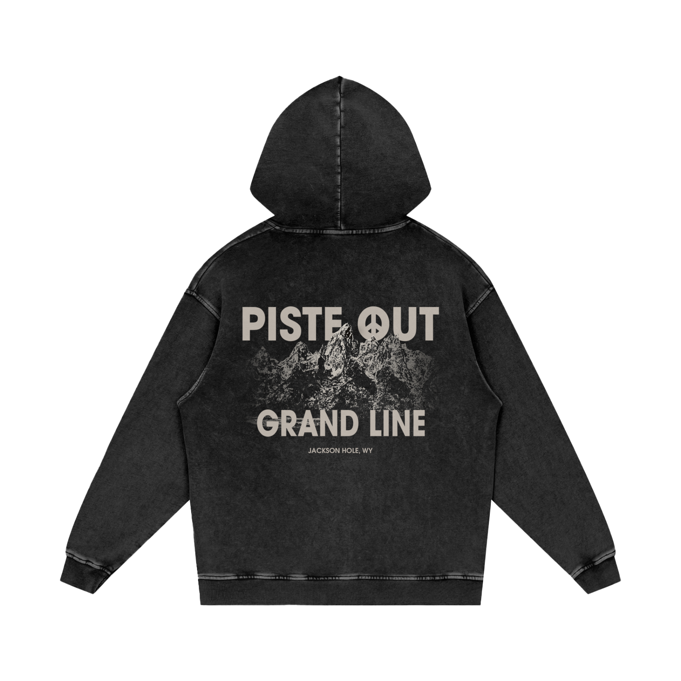 Back view of Black Diamond Grand Line Hoodie featuring the Piste Out peace-sign logo, bold GRAND LINE text, and detailed Teton mountain range graphic inspired by Jackson Hole, Wyoming.