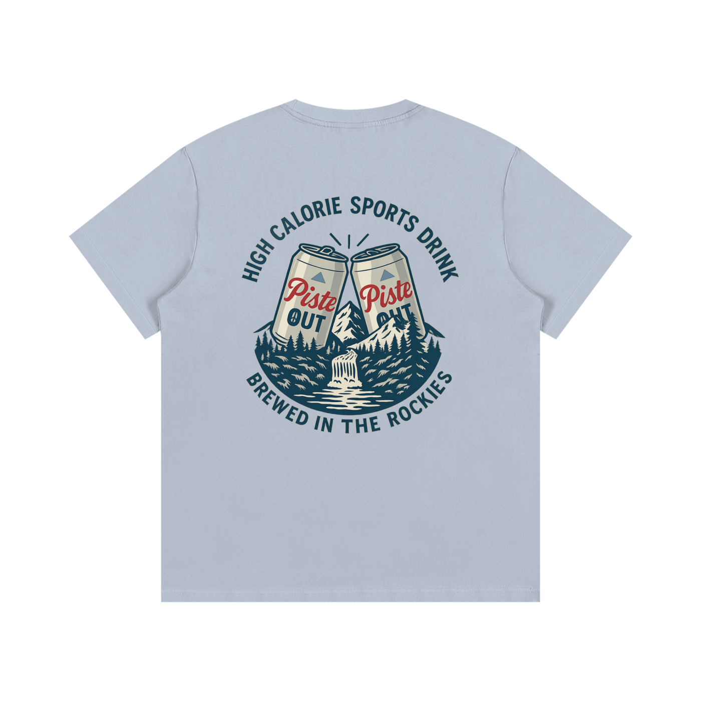 Back view of sky blue bird High Calorie Sports Drink après ski tee with vintage beer can mountain artwork and après ski slogan.
