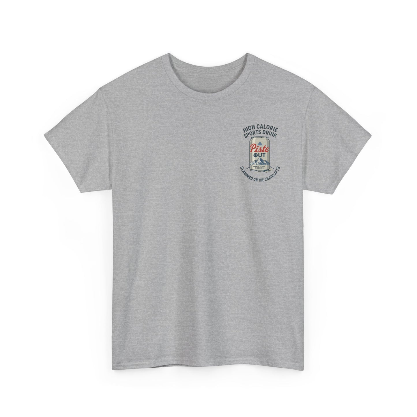 Front view of High Calorie Sports Drink tee in heather gray with single Piste Out can chest