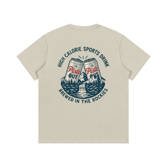 Back view of khaki High Calorie Sports Drink après ski tee featuring mountain-inspired beer can graphic and “Brewed in the Rockies” lettering.