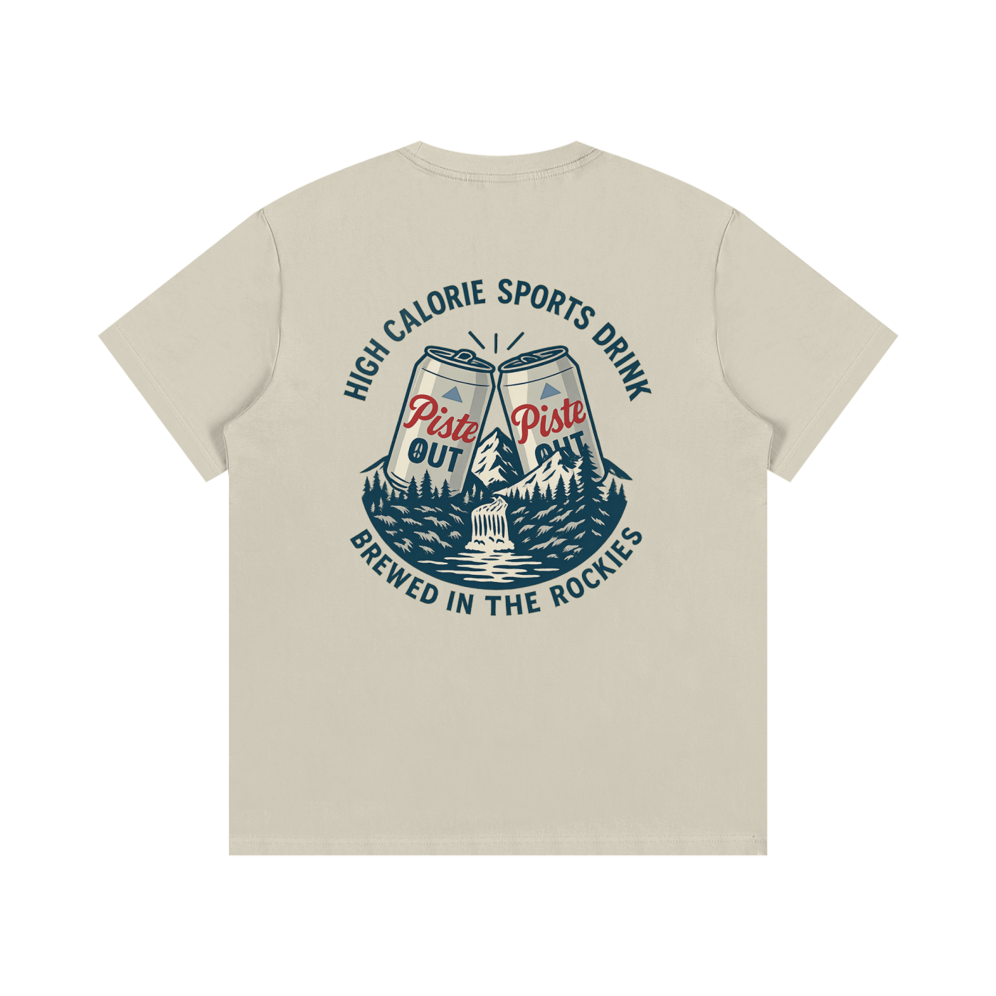 Back view of khaki High Calorie Sports Drink après ski tee featuring mountain-inspired beer can graphic and “Brewed in the Rockies” lettering.