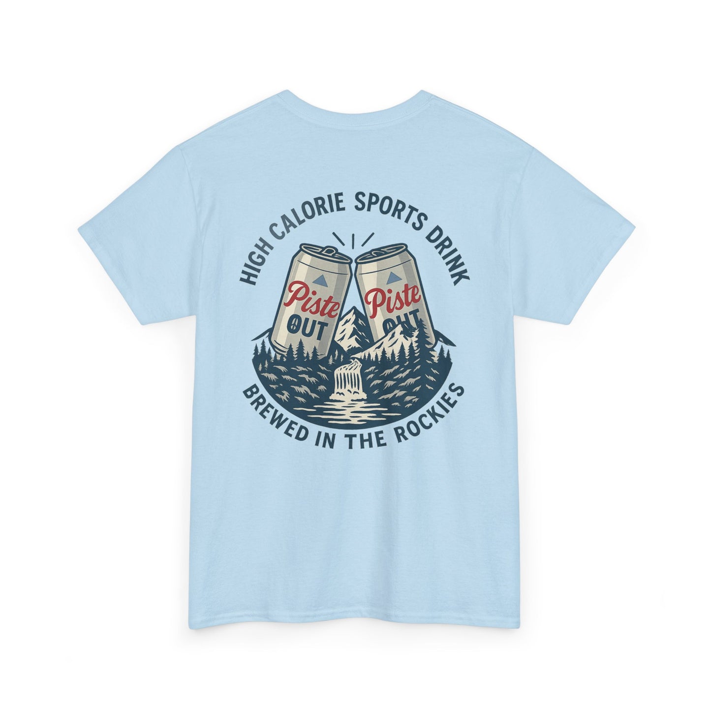 Back view of High Calorie Sports Drink tee in light blue with two Piste Out cans, mountains, and après ski inspired design.