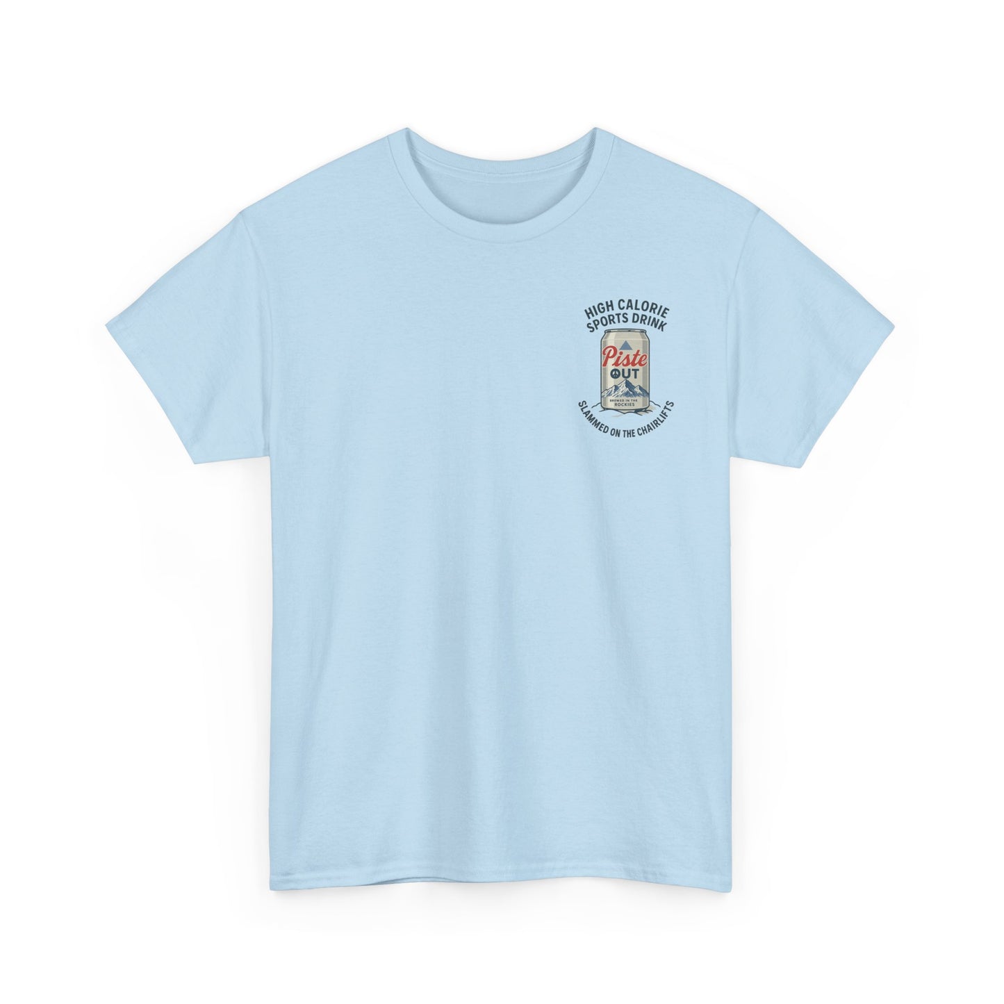 Front view of High Calorie Sports Drink tee in light blue with single Piste Out can chest design and après slogan.