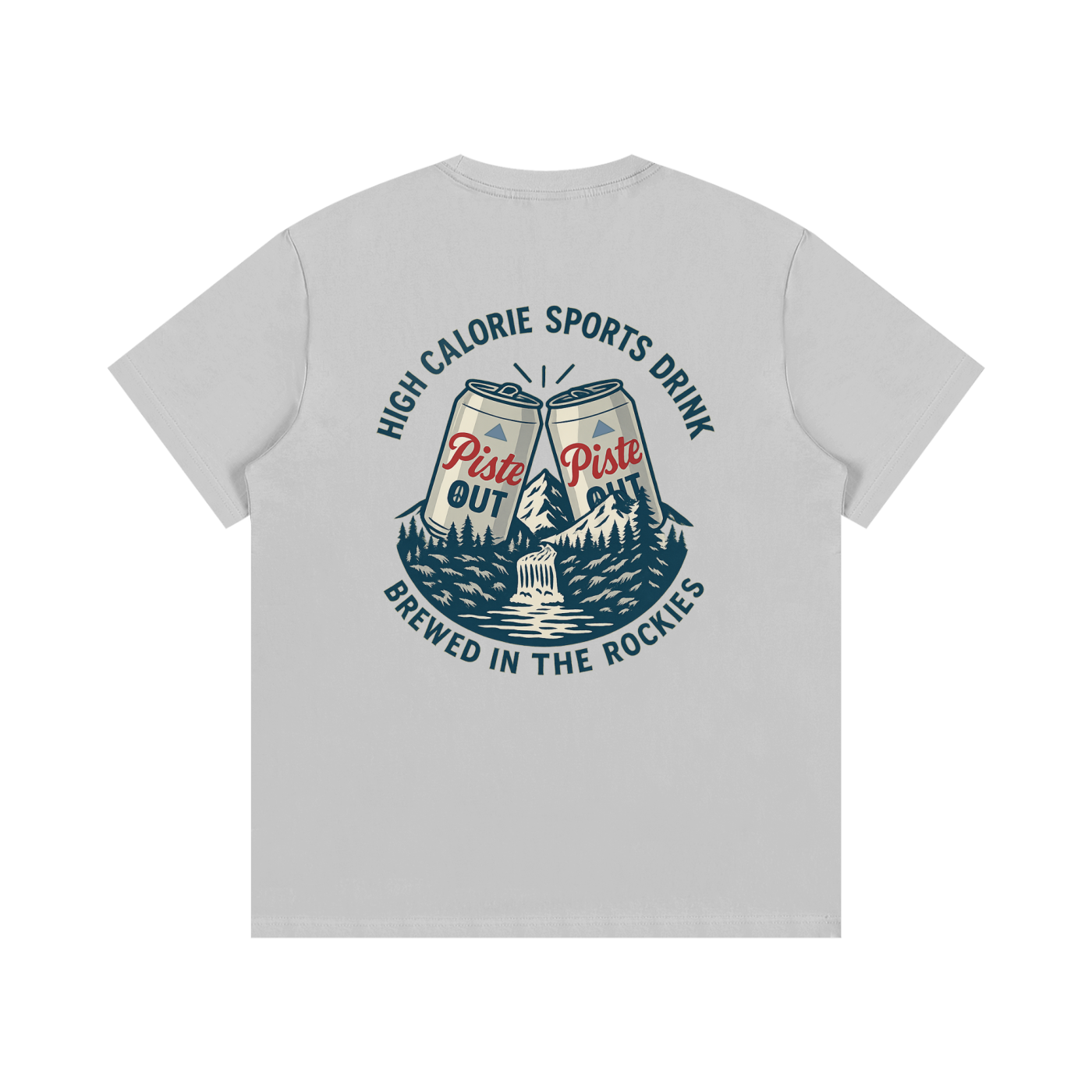 Back view of light gray High Calorie Sports Drink après ski tee featuring navy and red vintage beer can design and “Brewed in the Rockies” text.