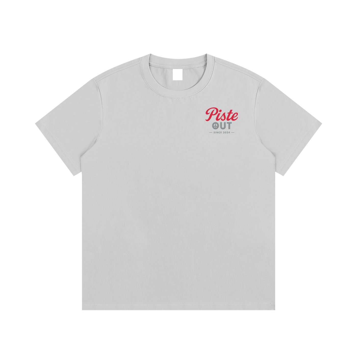 Front view of light gray High Calorie Sports Drink après ski tee with small red Piste Out logo on left chest.
