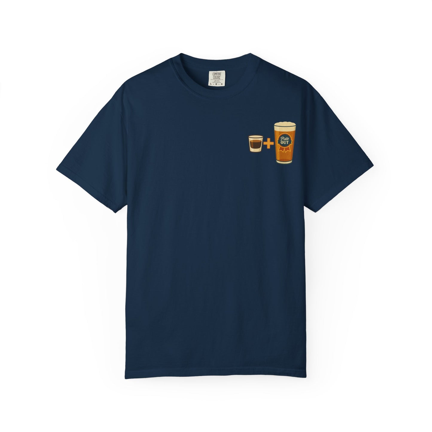 Front view of true navy Alta Bomb t-shirt with pint and shot glass design.