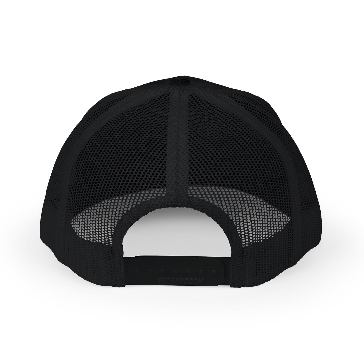 Back view of black trucker hat showing mesh panel and adjustable strap