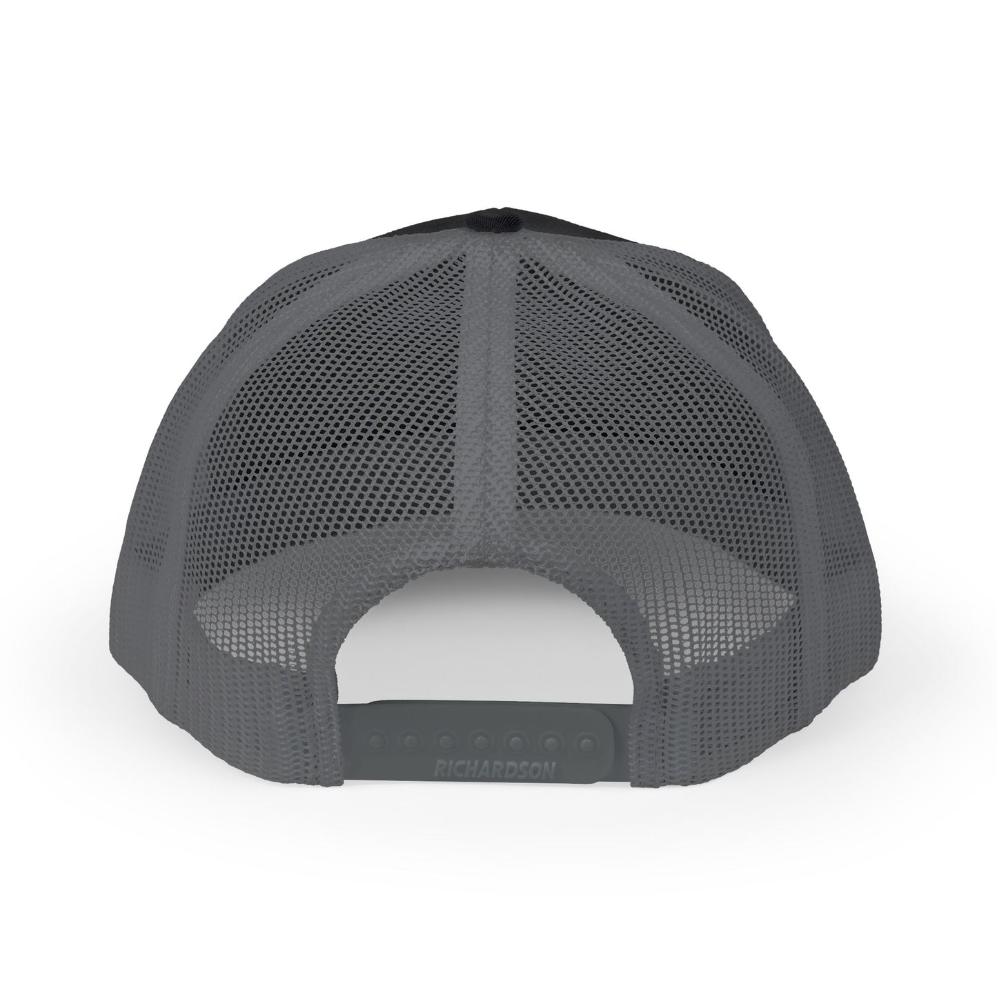 Back view of black and gray trucker hat showing mesh panel and snapback strap