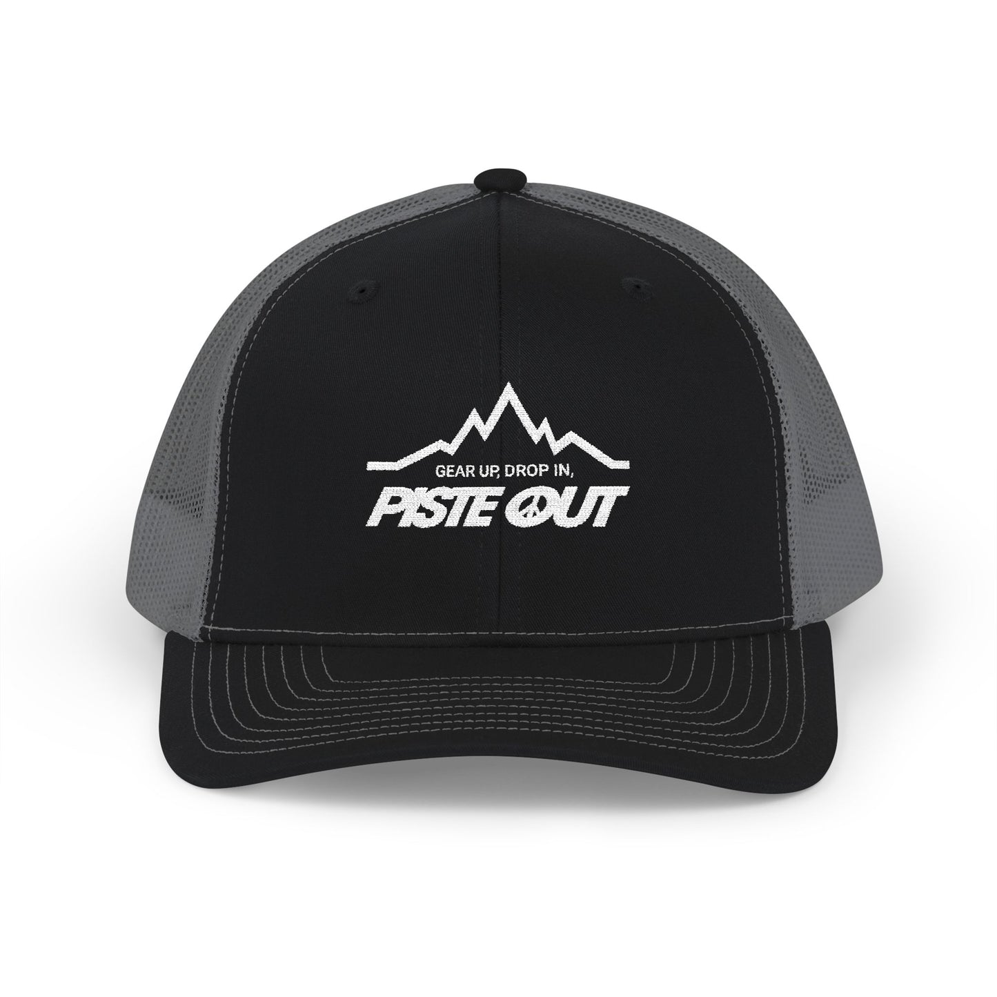 Front view of black and gray trucker hat with white Piste Out mountain logo and slogan embroidered on front
