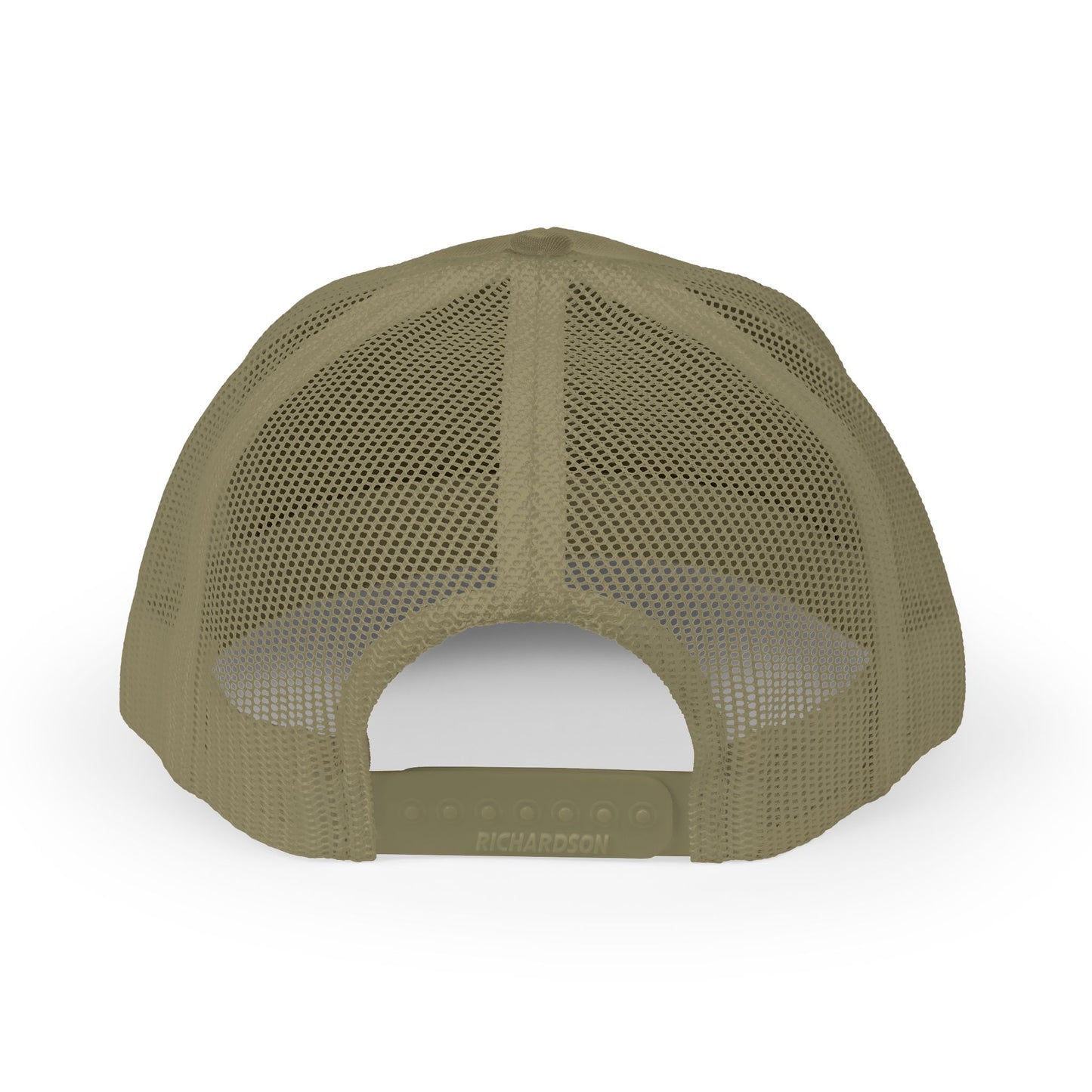 Back view of olive green trucker hat showing mesh panel and snapback strap