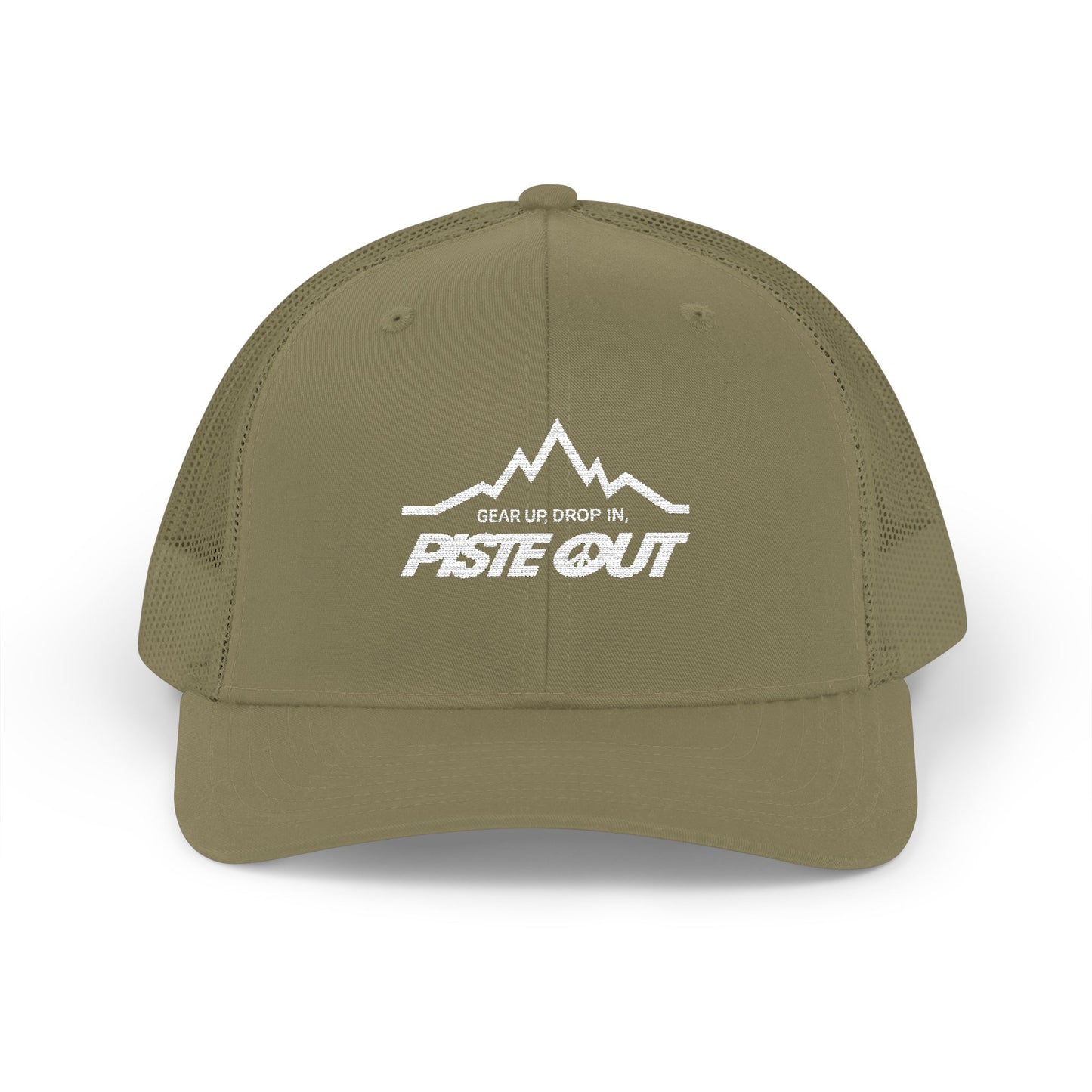Front view of olive green trucker hat with white Piste Out mountain logo and slogan embroidered on front