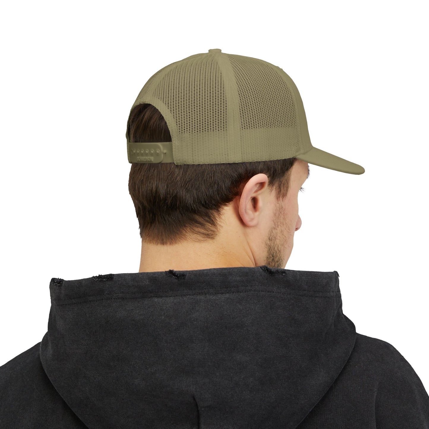 Rear angle of olive green trucker hat worn by model, showing mesh back and snapback closure