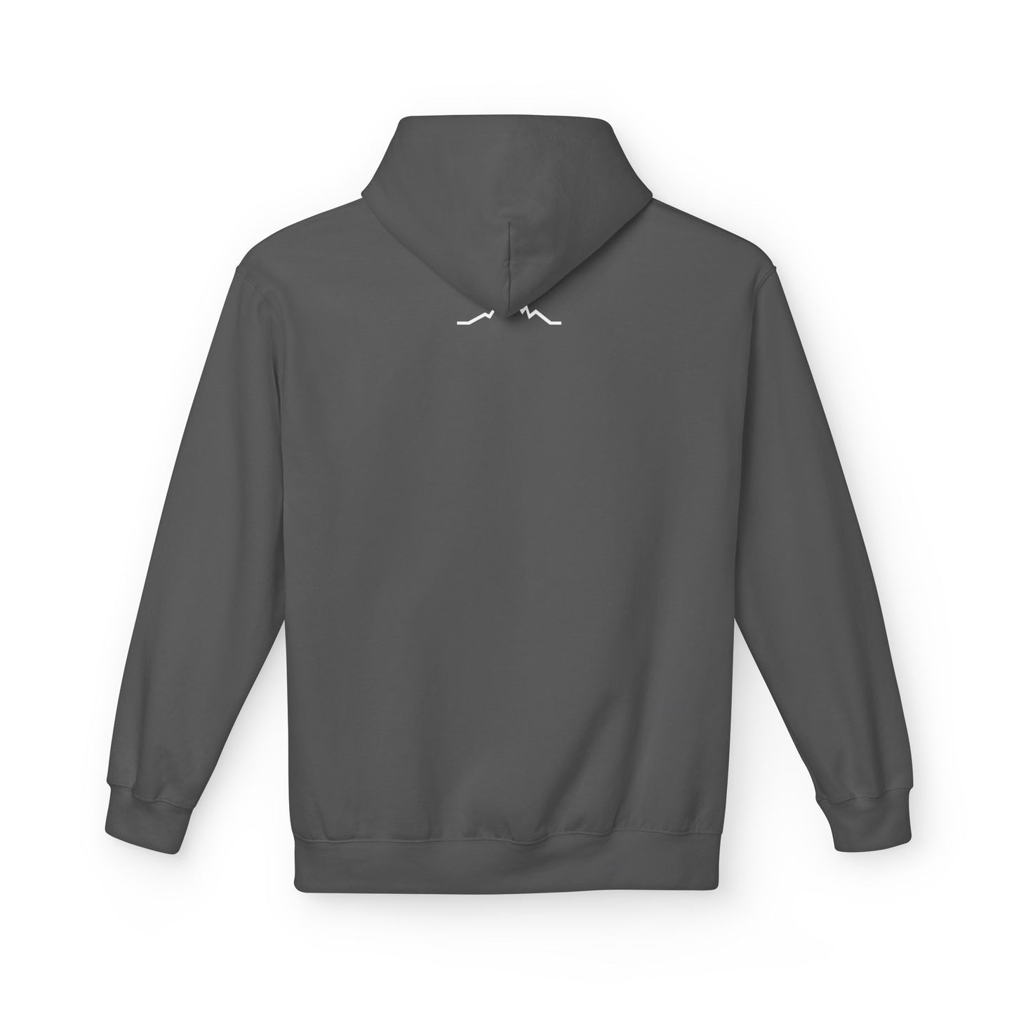 Back of charcoal hoodie with small mountain lines logo beneath hood