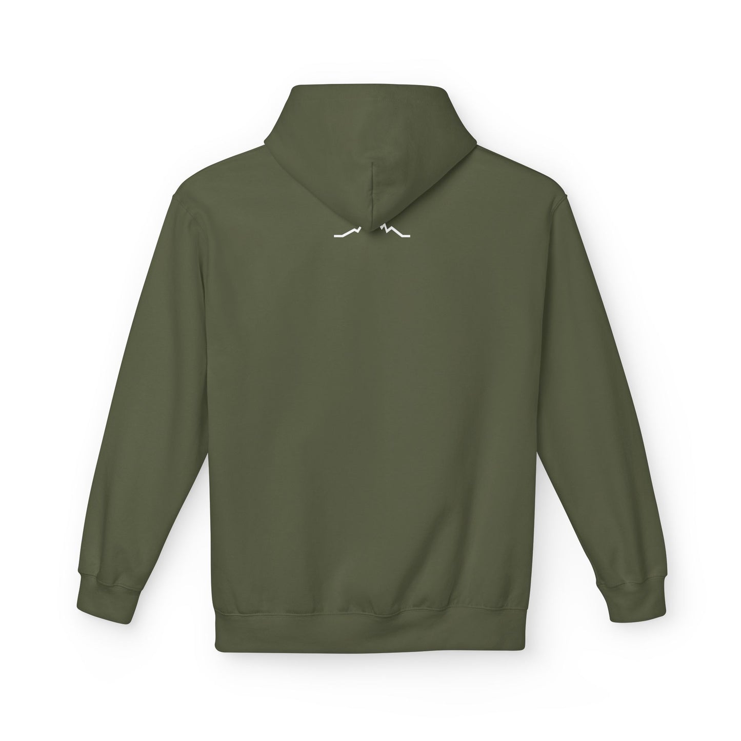 Back of olive green hoodie with small mountain lines logo near neckline