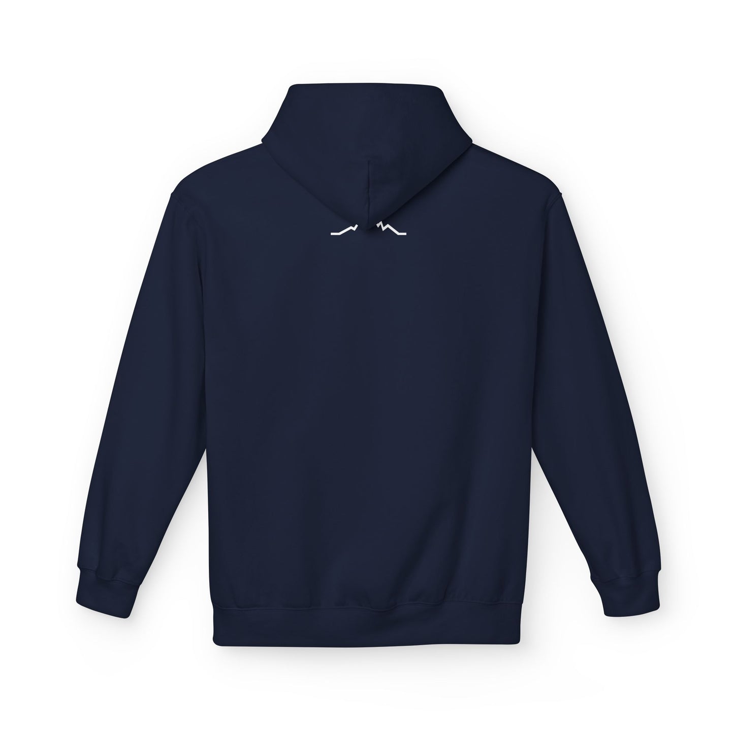 Back of navy hoodie with small mountain lines logo beneath hood