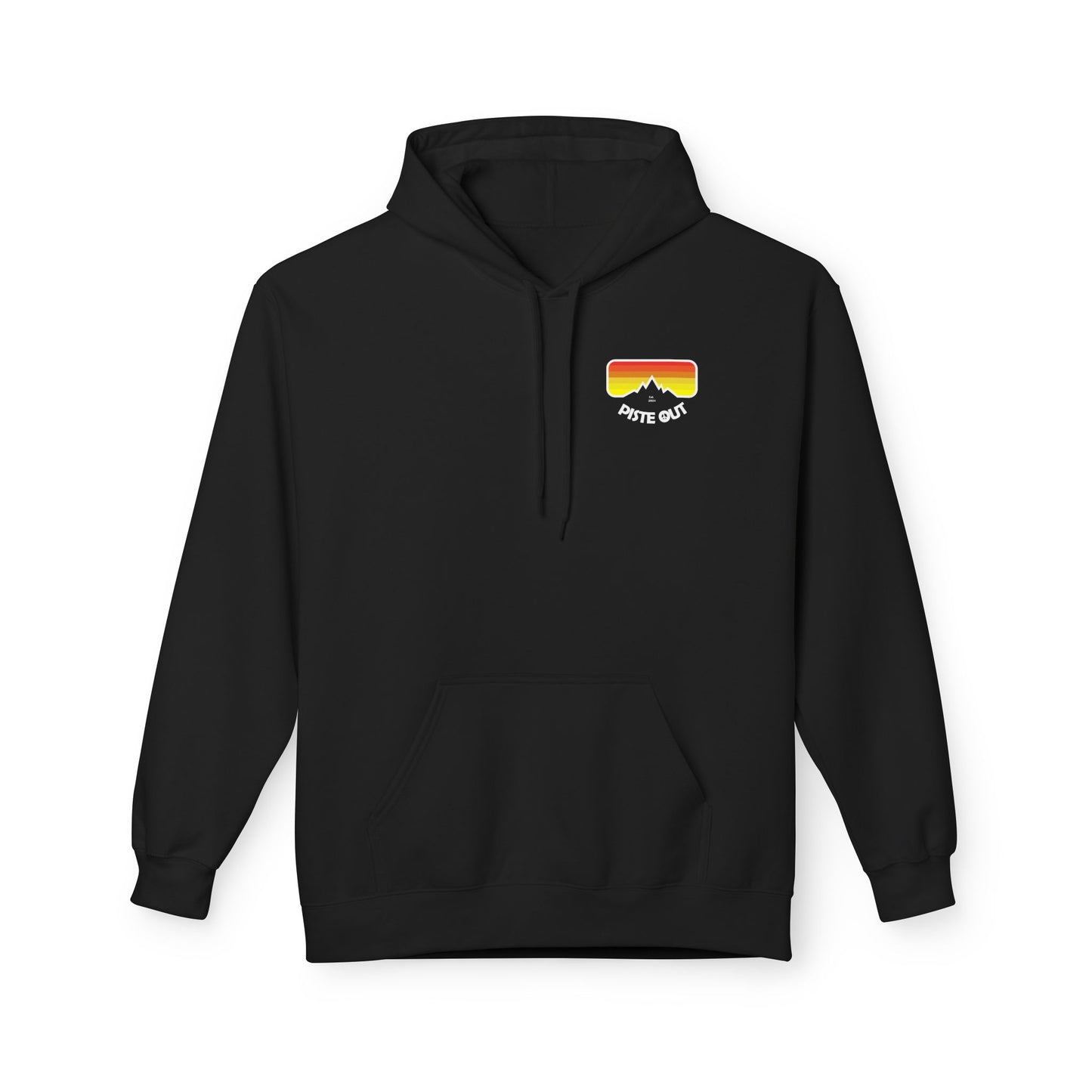 Front of black hoodie with retro goggle chest logo
