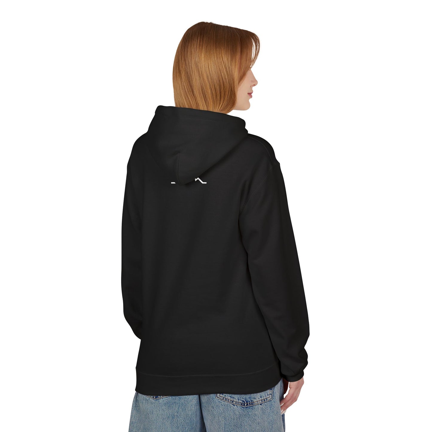 Model wearing black hoodie, back view showing small mountains back logo