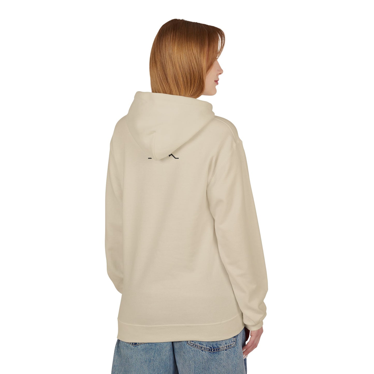 Model wearing beige hoodie, back view showing small mountain back logo
