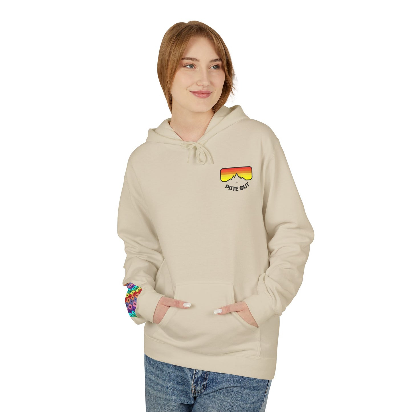 Model wearing beige hoodie, front view showing retro chest logo