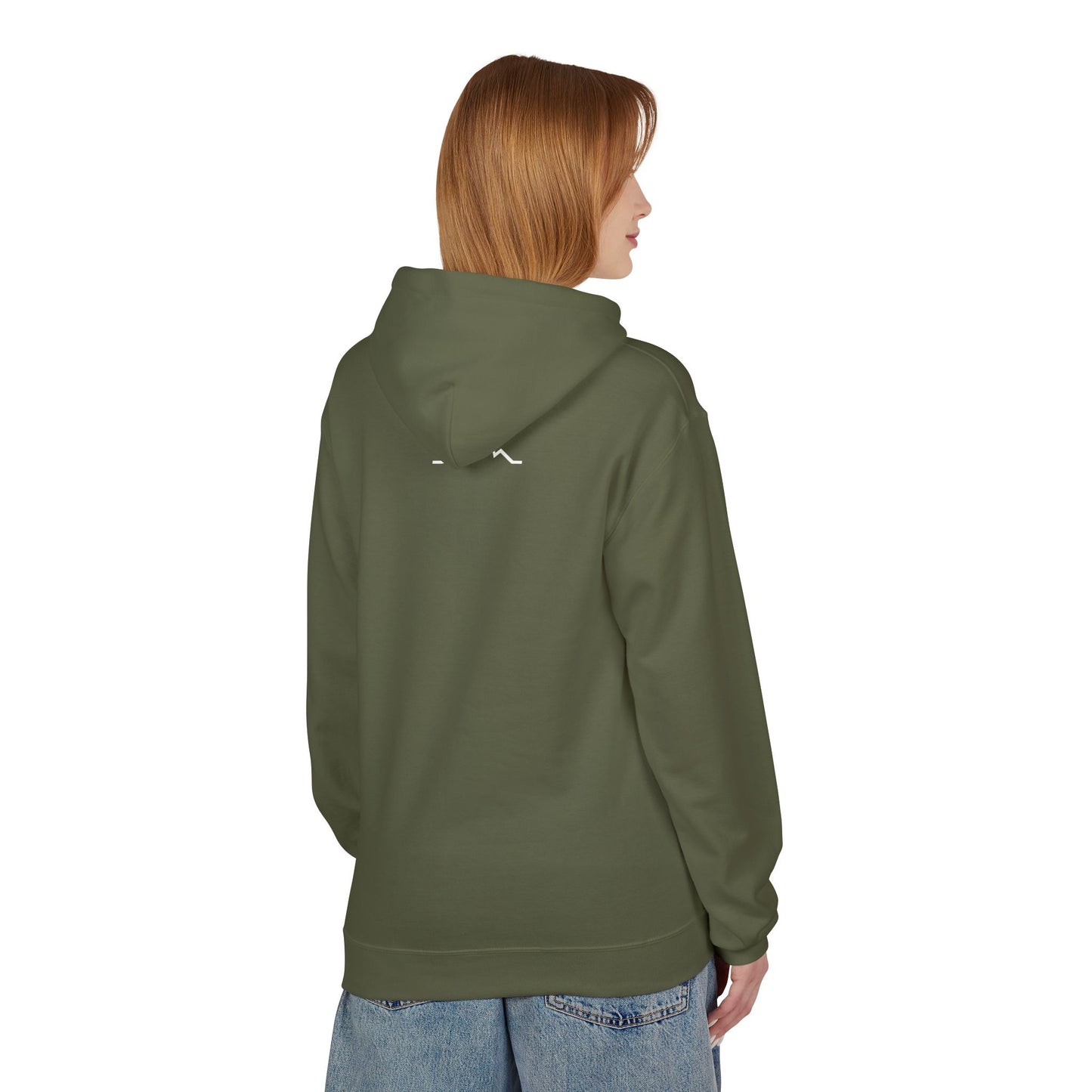 Model wearing olive green hoodie, back view showing small mountain back logo