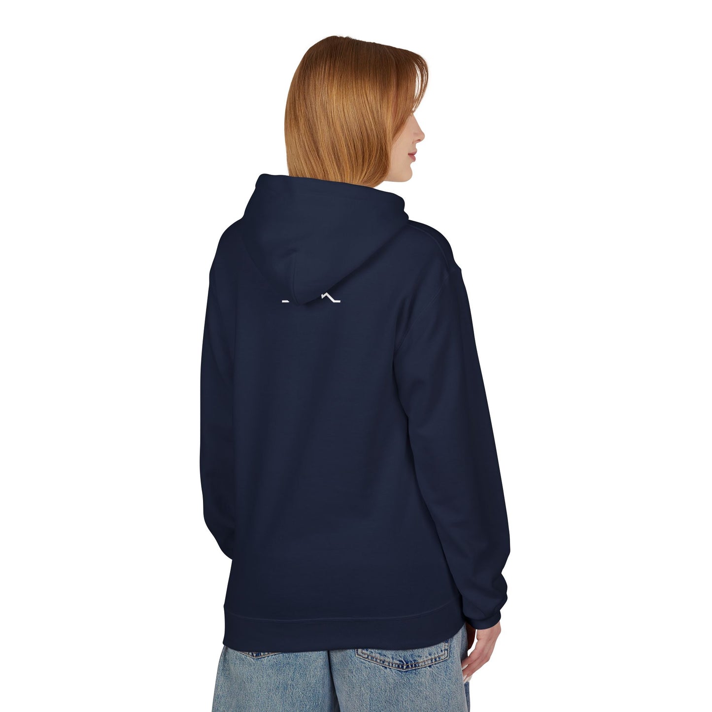 Model wearing navy hoodie, back view showing small mountain back logo
